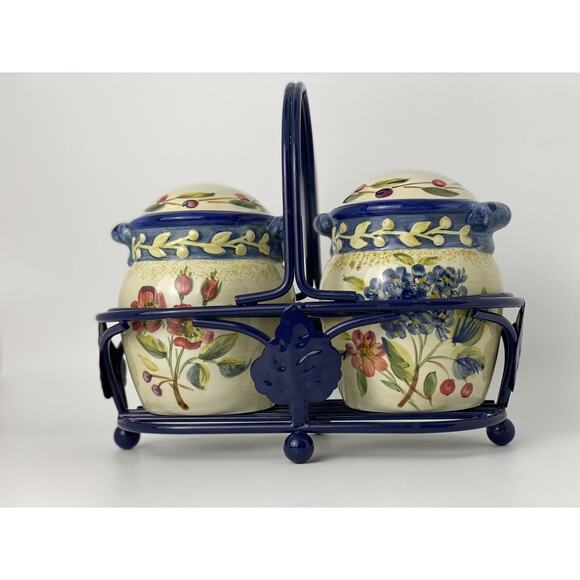 CIC Vintage Large Floral Salt and Pepper Shaker Set w Carrier/Holder - Picture 4 of 14